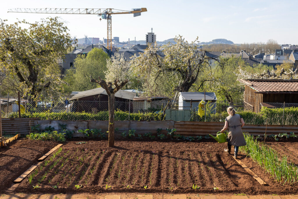 A woman waters a garden with the city of Esch-sur-Alzette, Luxembourg, beyond her.