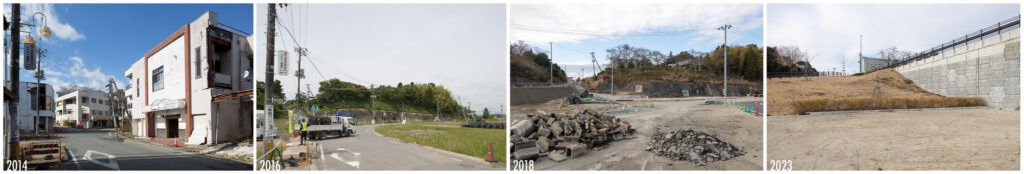 A panoramic collage of four images showing the progress of rebuilding in T?hoku, Japan, over the years 2014, 2016, 2018, and 2023, featuring various stages of construction and land development.