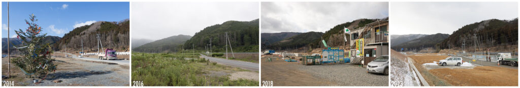 A sequence of four photographs showcasing the gradual rebuilding of a landscape in T?hoku, Japan, with a Christmas tree in 2014, followed by images from 2016, 2018, and 2023, highlighting changes over time.