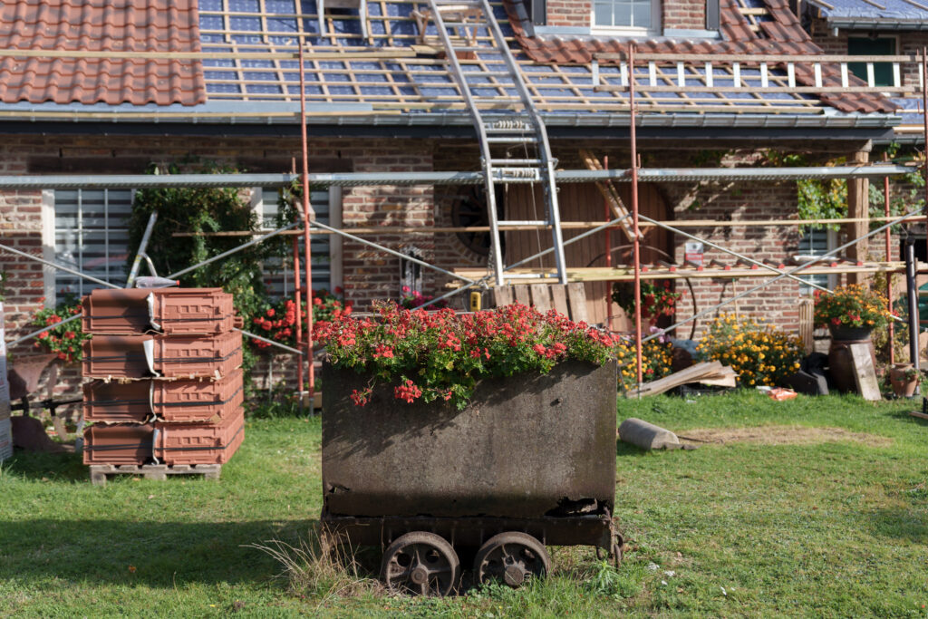 A coal car used as a flower planter.