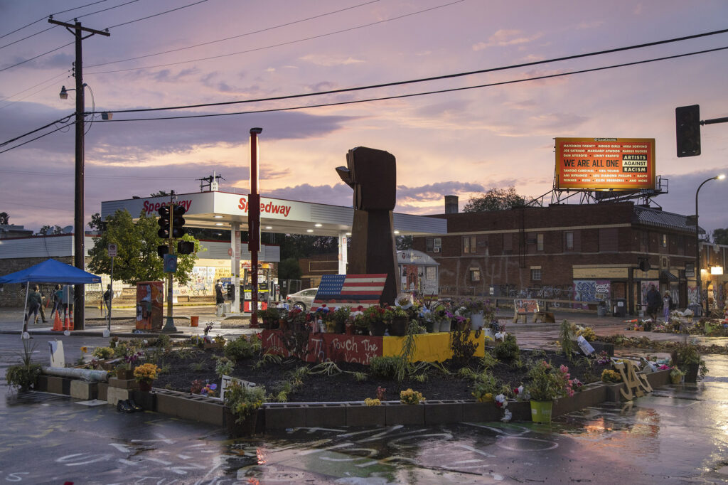 At sunset, a giant fist sculpture at George Floyd Square in Minneapolis, Minnesota,